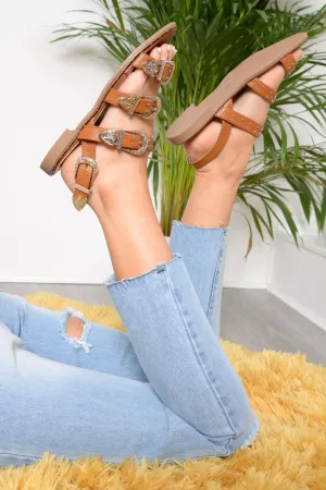 Camel Western Multi Buckle Sandals - Camile