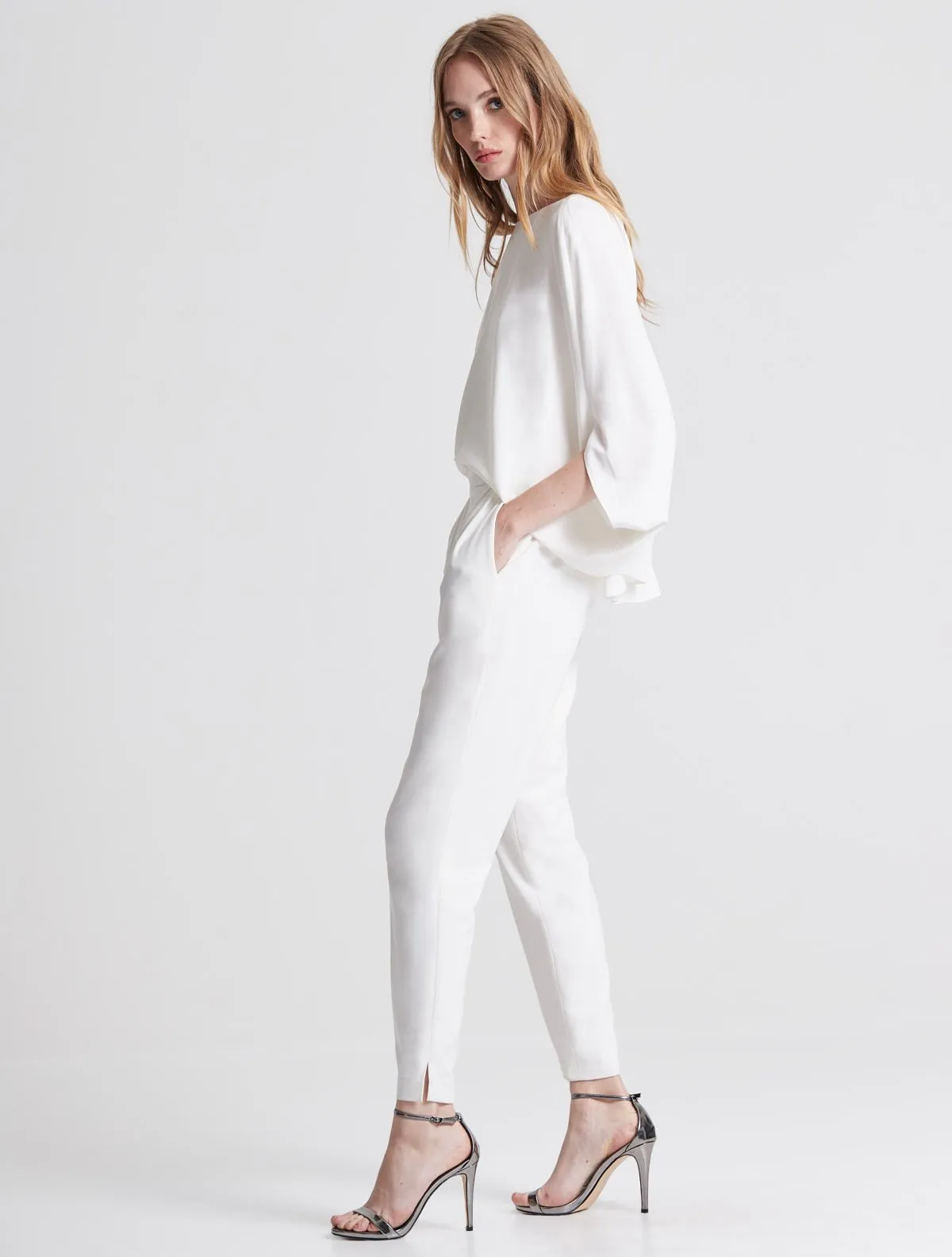 Draped Sleeve Tapered Leg Crepe Jumpsuit