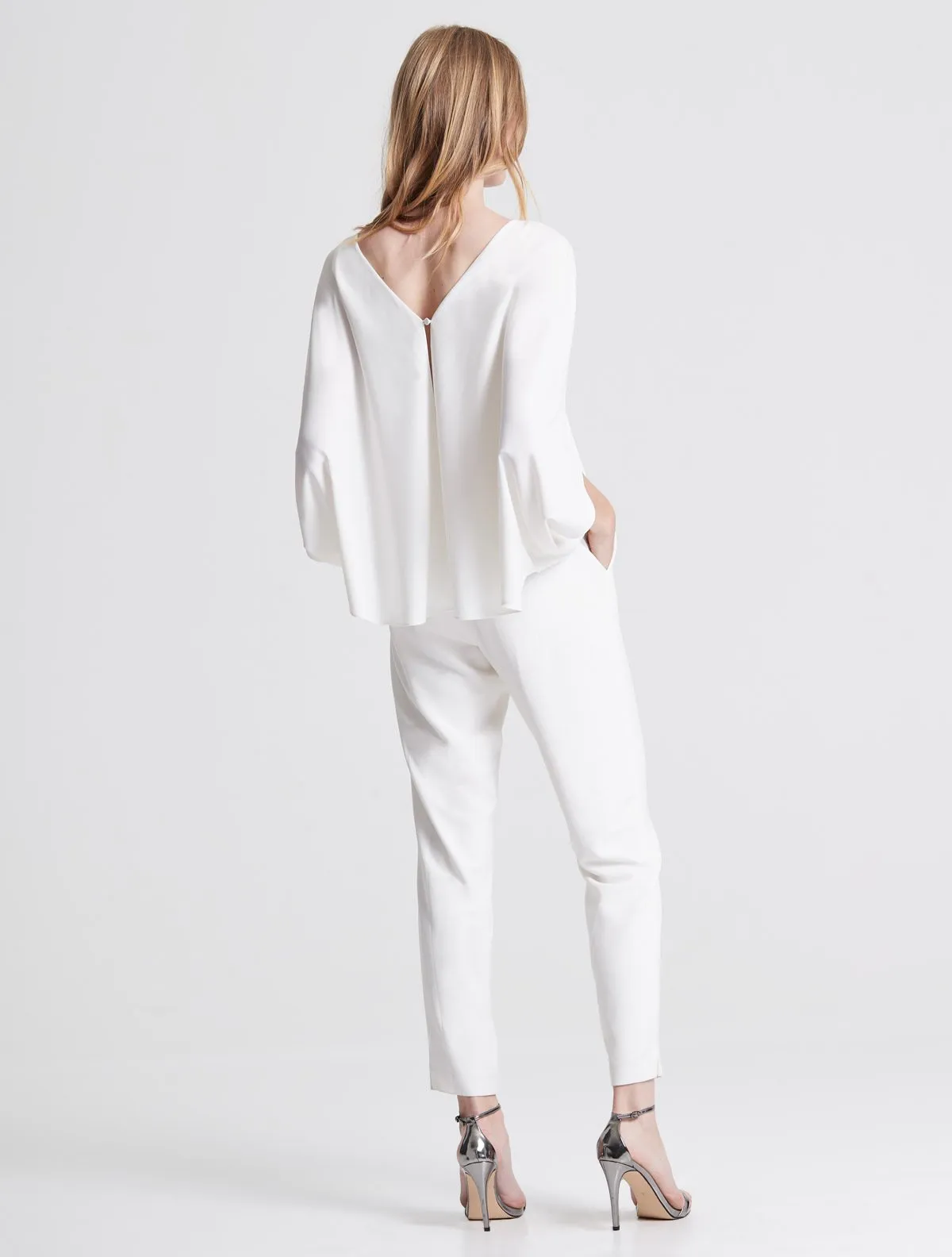Draped Sleeve Tapered Leg Crepe Jumpsuit