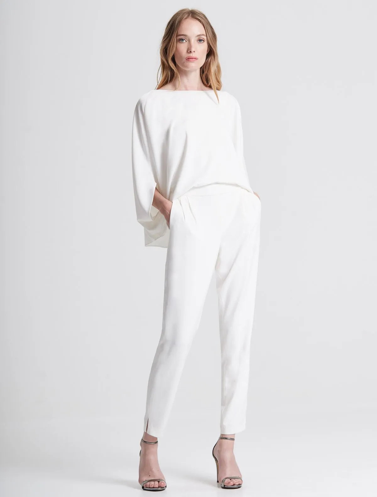 Draped Sleeve Tapered Leg Crepe Jumpsuit