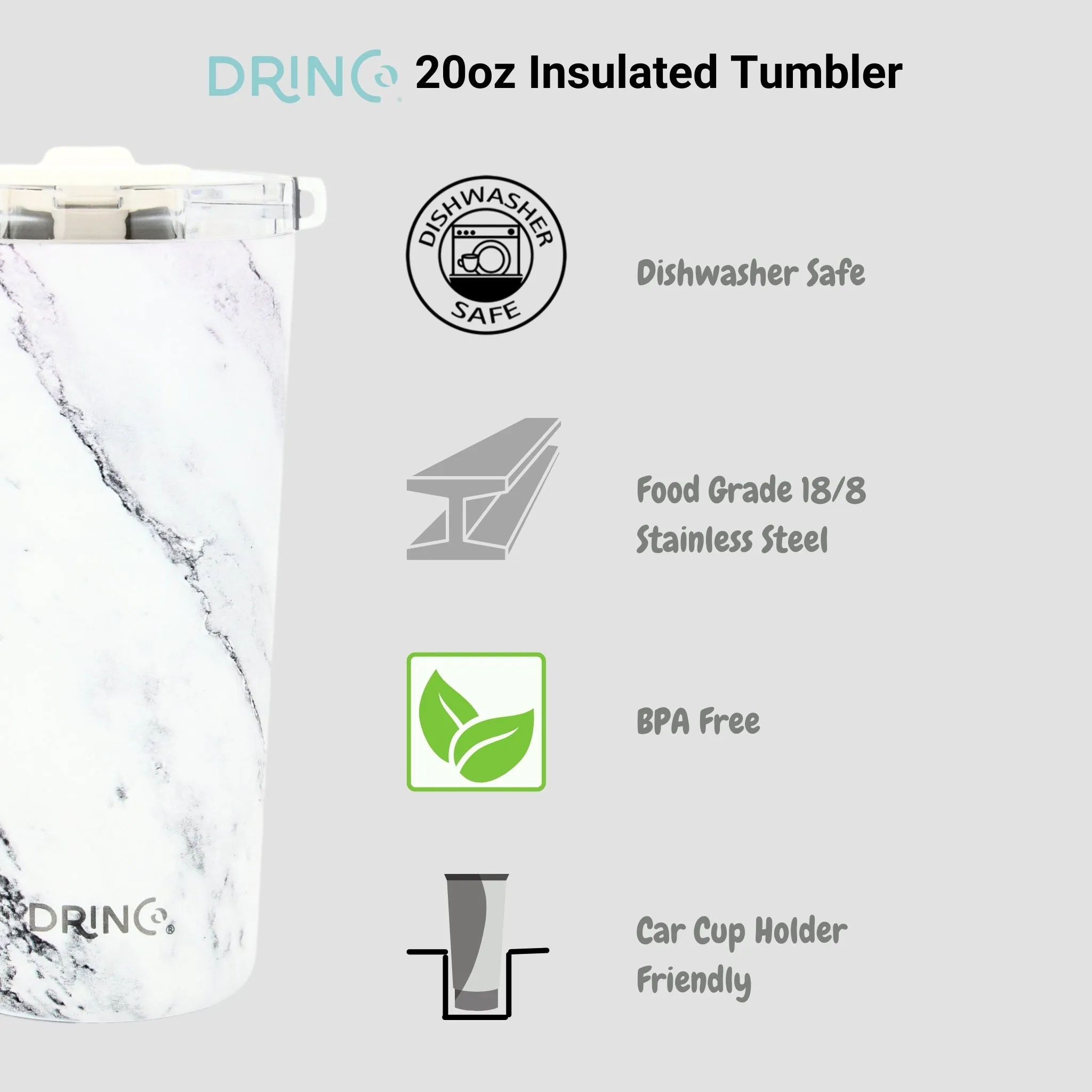 DRINCO®  Seattle 20oz Leakproof Tumbler with Straw - Calacatta Marble