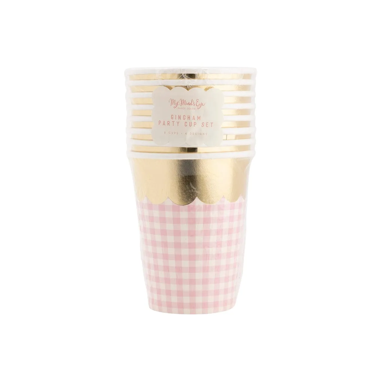 Gingham Party Cups with Gold Scallop (pack of 8)