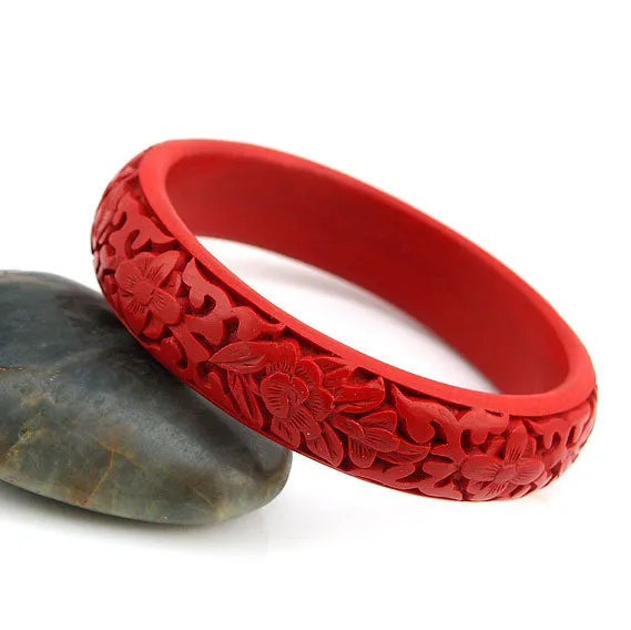 Handmade Chinese Carved Lacquer Floral Bangle Bracelet 0.7"