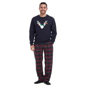 Men Winter Pajama Set Dark Blue deer Hoodie   Dark Blue x Red Checkered Pants