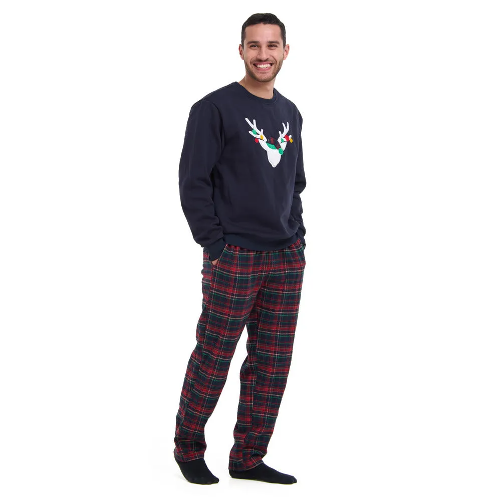 Men Winter Pajama Set Dark Blue deer Hoodie   Dark Blue x Red Checkered Pants