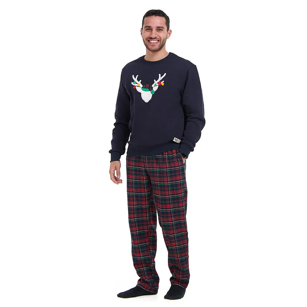 Men Winter Pajama Set Dark Blue deer Hoodie   Dark Blue x Red Checkered Pants