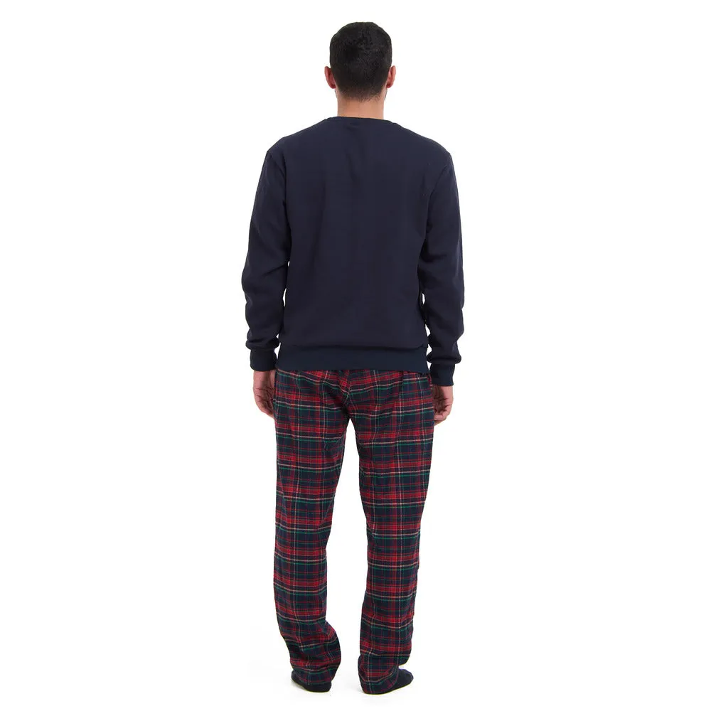 Men Winter Pajama Set Dark Blue deer Hoodie   Dark Blue x Red Checkered Pants
