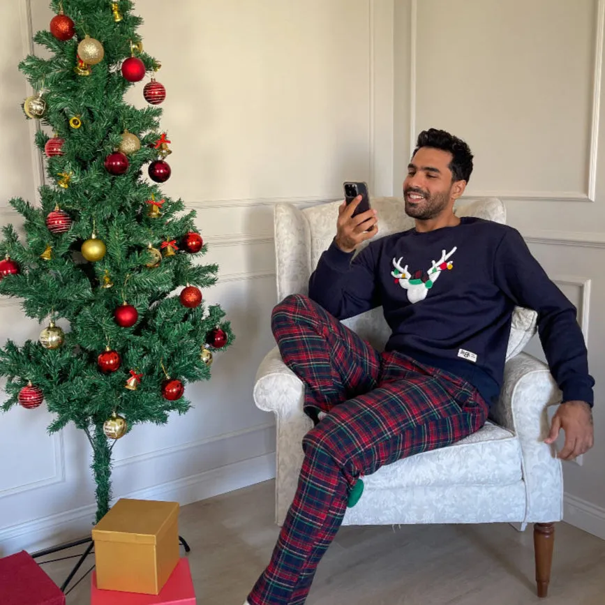 Men Winter Pajama Set Dark Blue deer Hoodie   Dark Blue x Red Checkered Pants