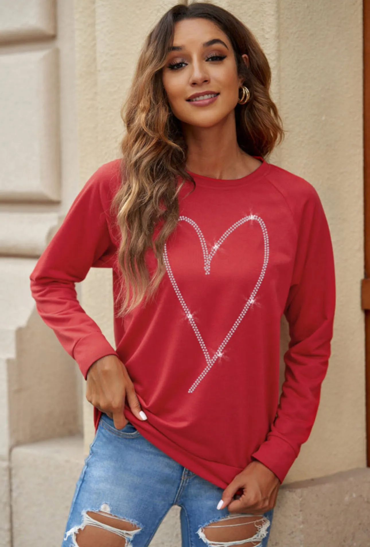 Red Rhinestone Heart Long Sleeve