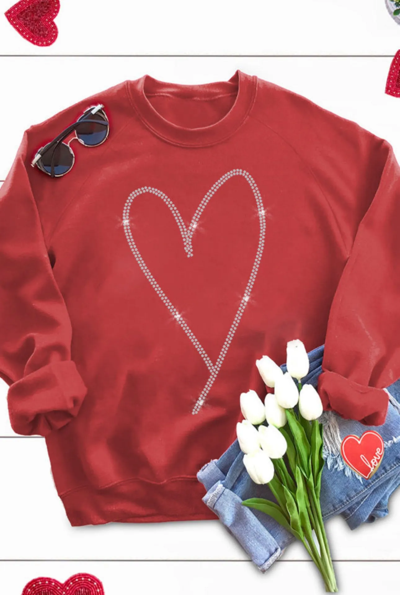 Red Rhinestone Heart Long Sleeve