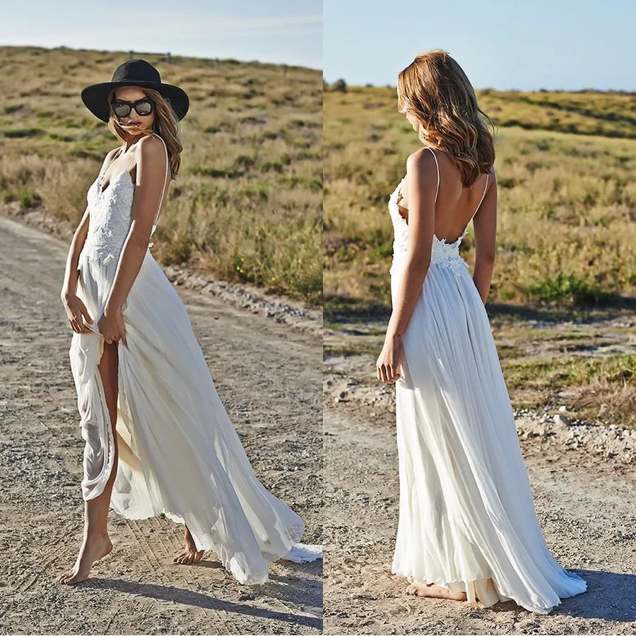 Spaghetti Straps Beach Wedding Dresses  V-neck Open Back Chiffon Bridal Gown BO7255