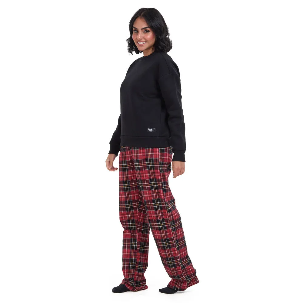 Women Winter Pajama Set Black Sweatshirt   Red x Black Checkered Pants