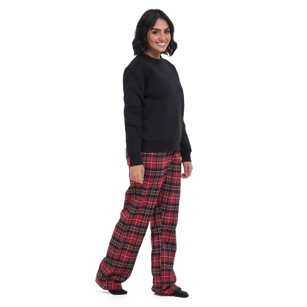 Women Winter Pajama Set Black Sweatshirt   Red x Black Checkered Pants