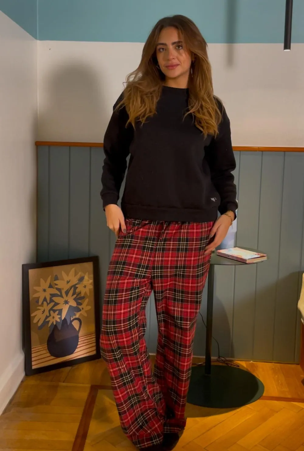 Women Winter Pajama Set Black Sweatshirt   Red x Black Checkered Pants