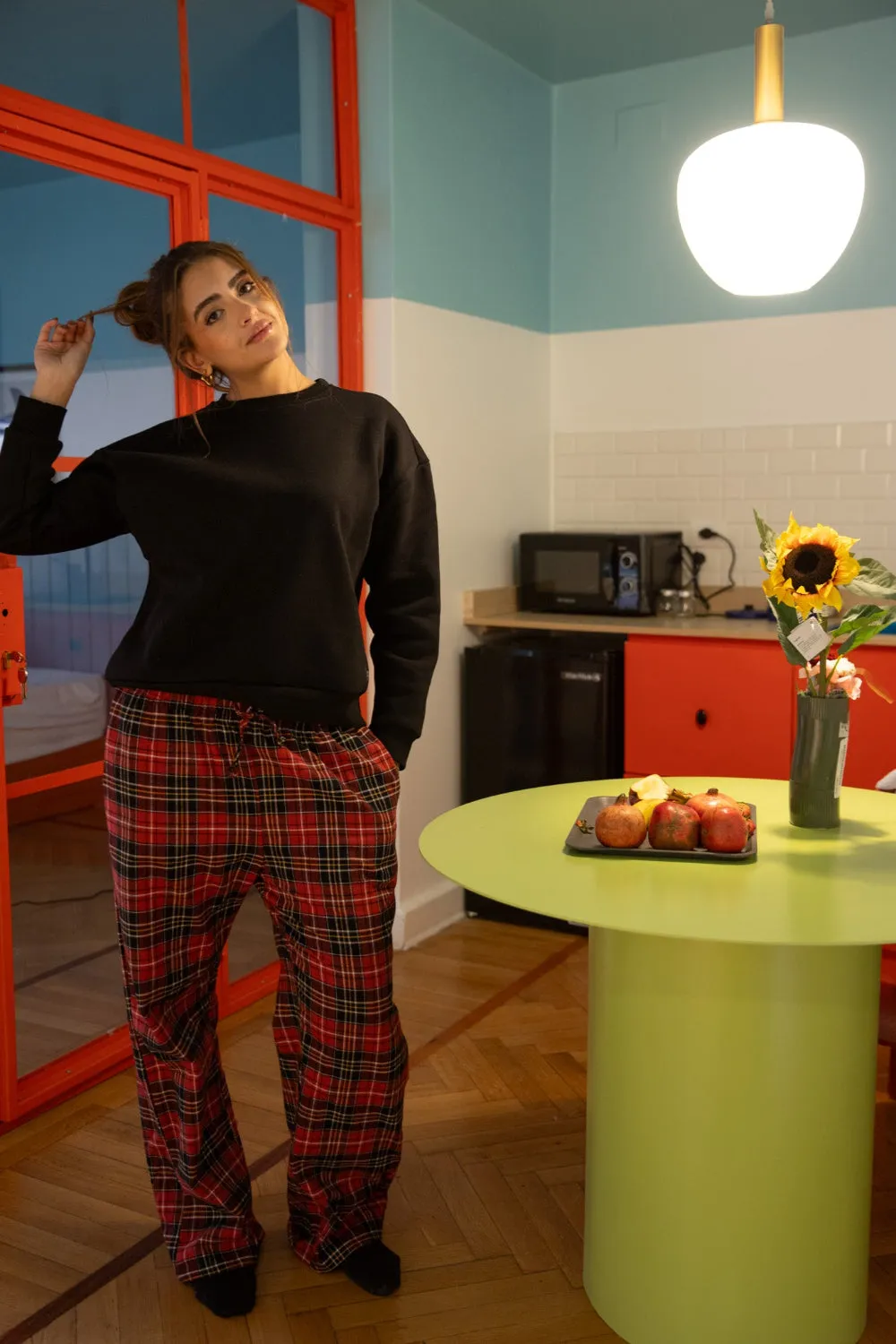 Women Winter Pajama Set Black Sweatshirt   Red x Black Checkered Pants